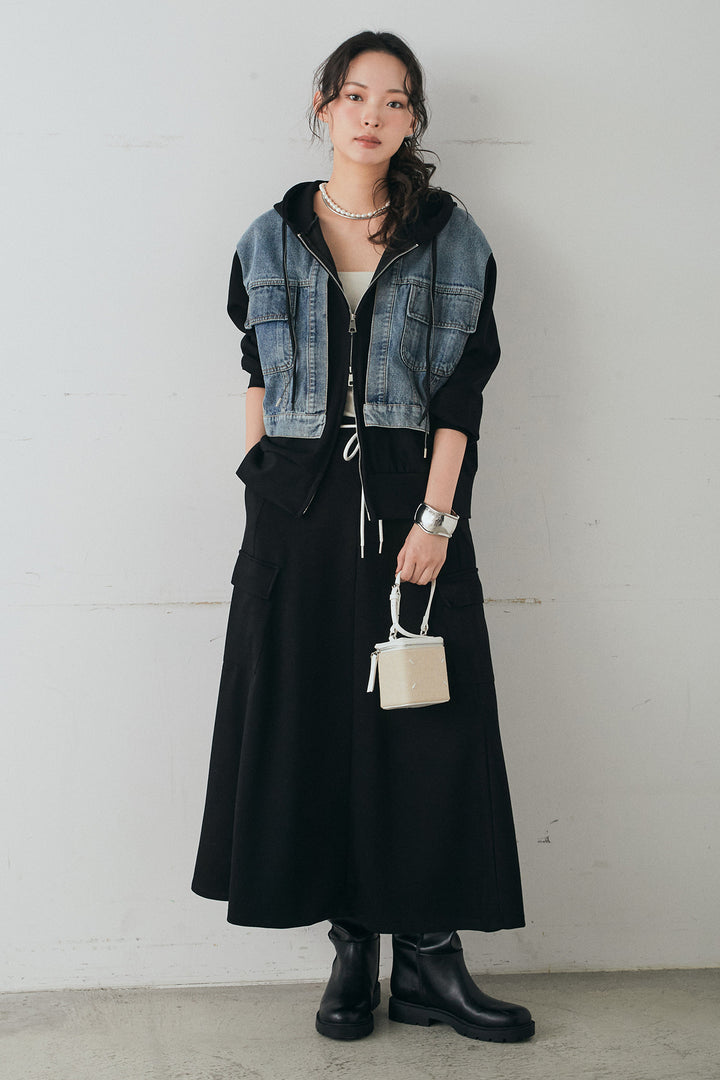 [SET]デニム切替ポンチダブルジップパーカー+リラックススウェットスカート(2set)
