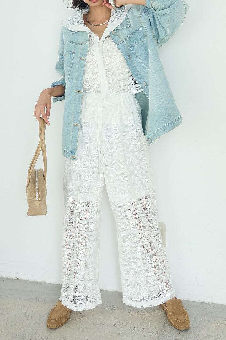 [SET]デニムオーバーサイズジャケット+パッチワークレースイージーパンツ+パッチワークレースショート丈フードシャツ(3set)