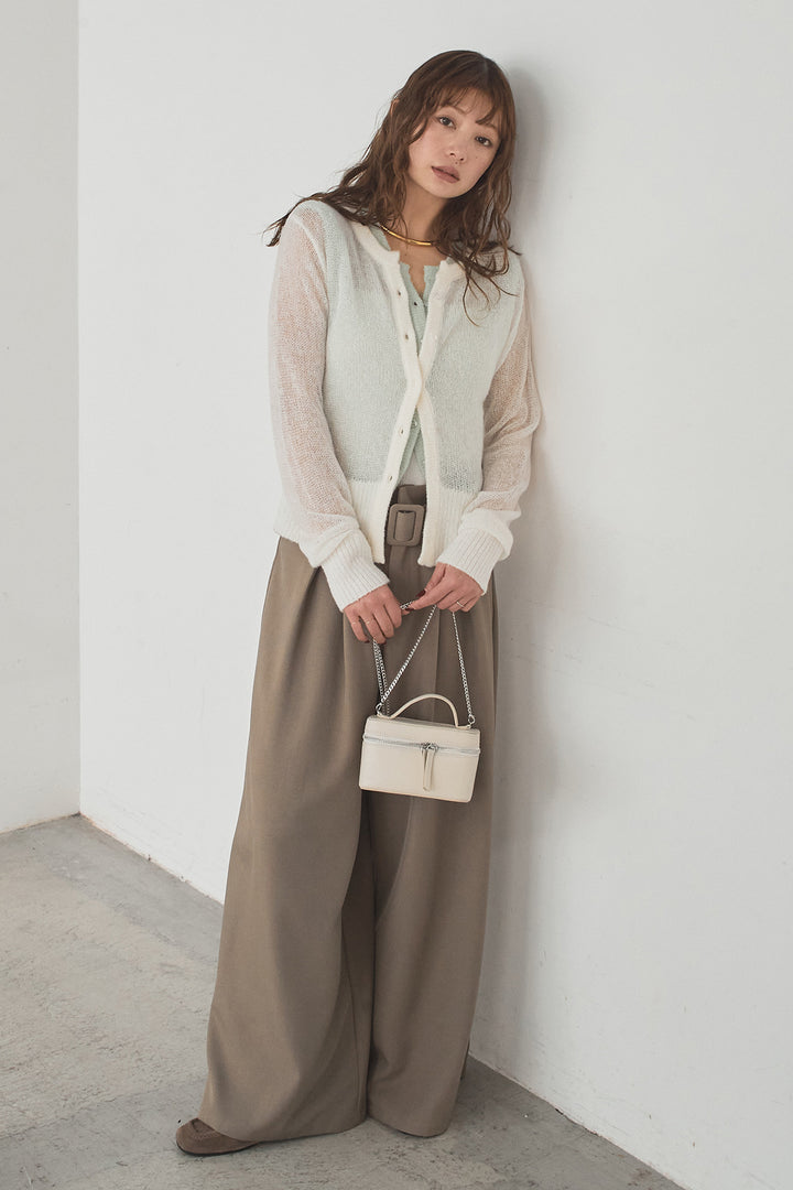 [SET]モヘア透かし編みレイヤードアンサンブルセット+ベルト付きツータックワイドパンツ(2set)