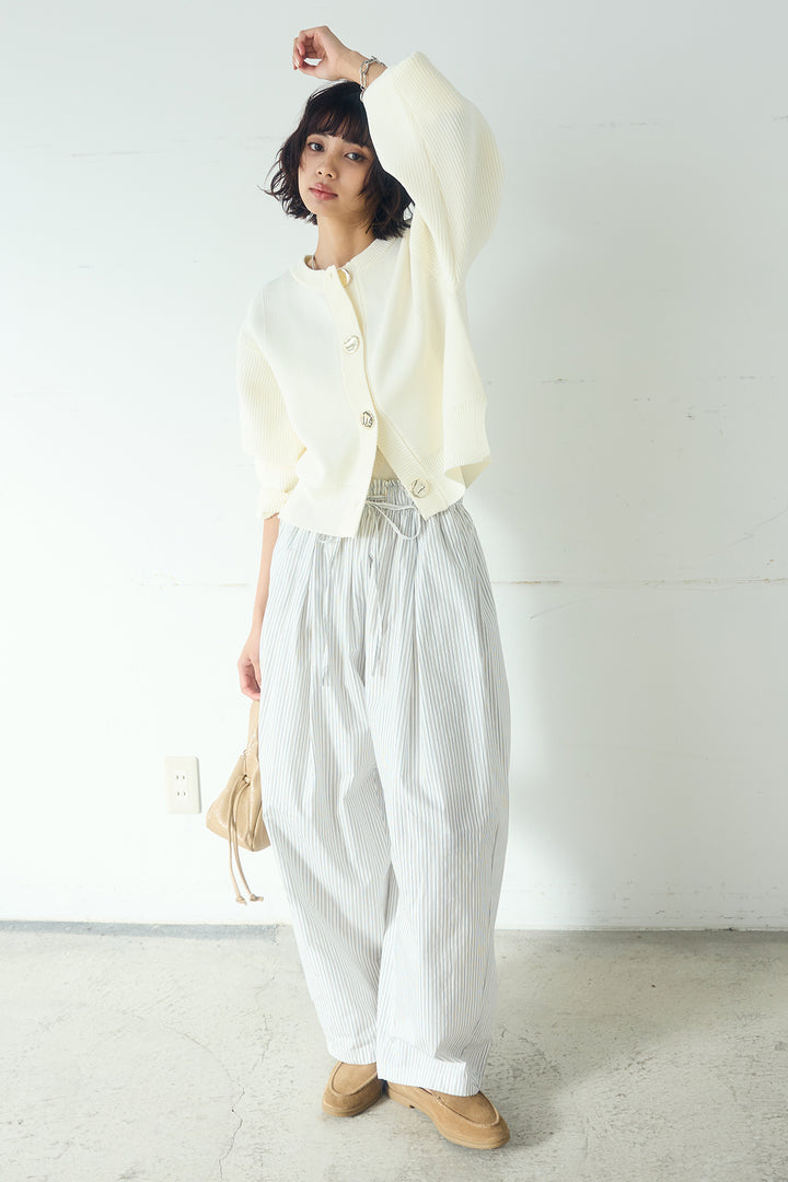[SET]スポンディッシュBIGボタンクルーネックカーディガン+ランダムストライプタックギャザーパンツ(2set)