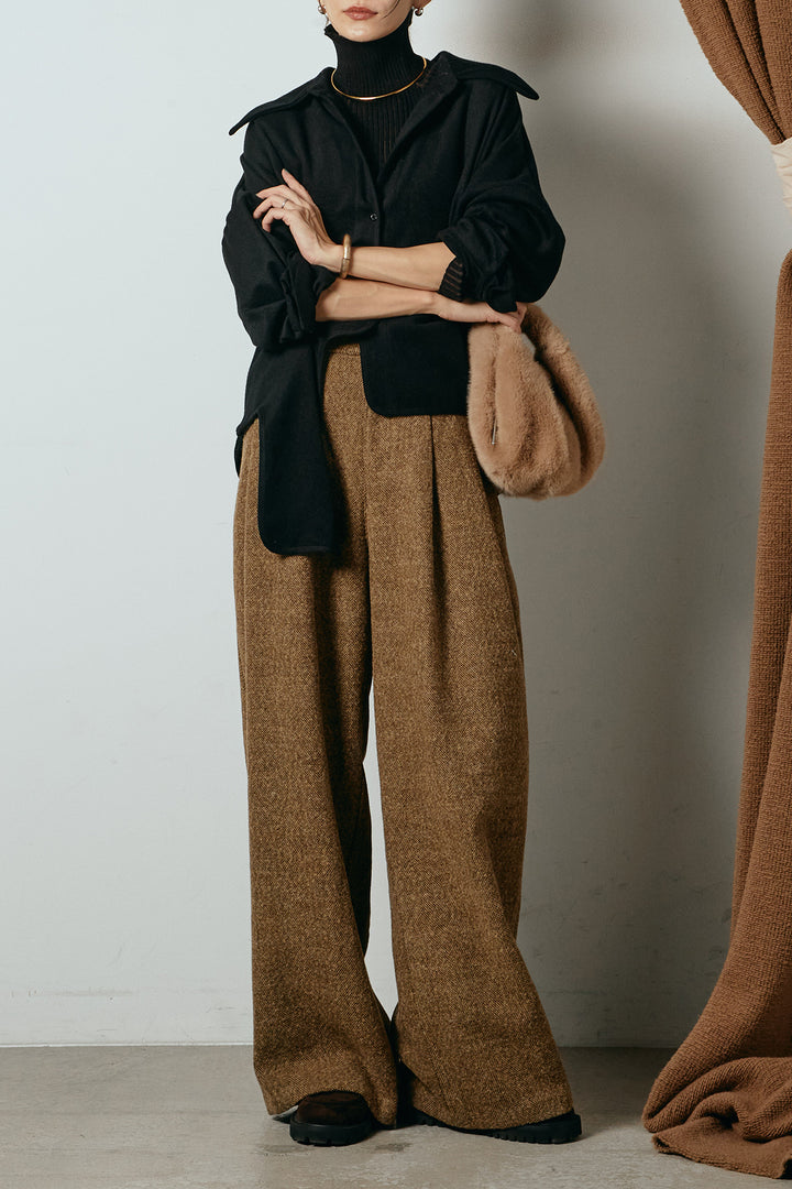[SET]裾アシンメトリーデザインシャツ+タックツイードワイドパンツ(2set)