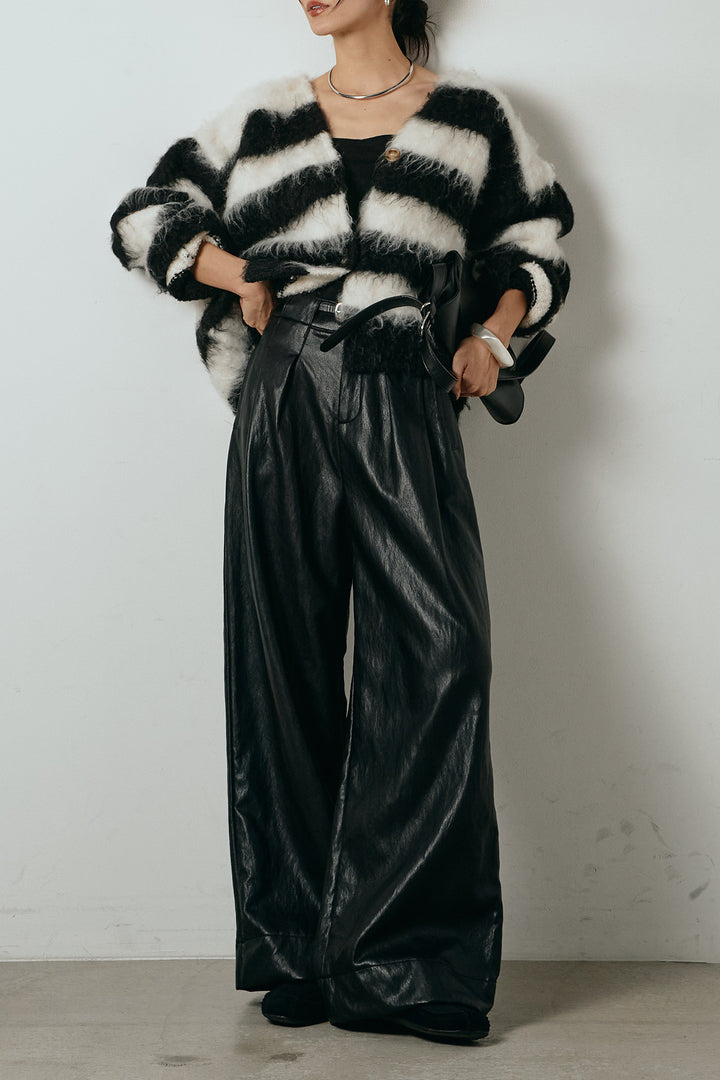 [SET]シャギーボーダー柄ニットカーディガン+ベルト付きレザーライクタックパンツ(2set)