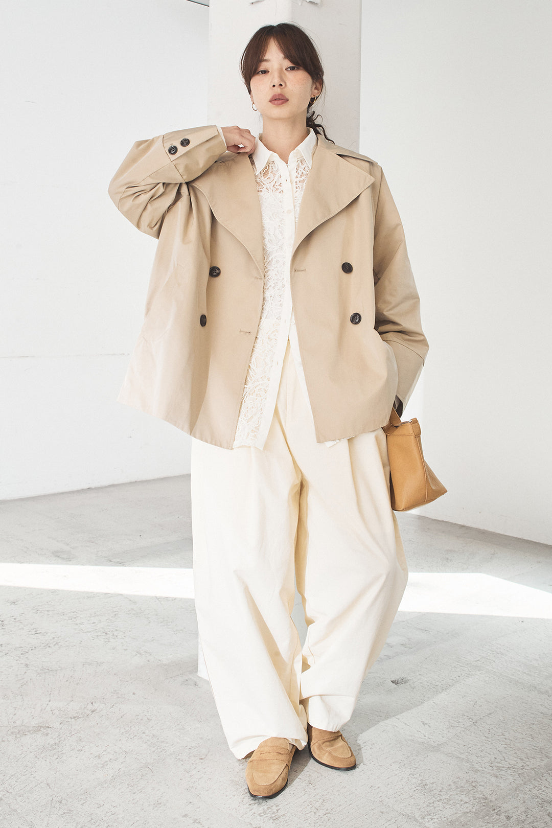 [SET]ナイロントレンチコート+刺繍レースオーバーサイズシャツ(2set)