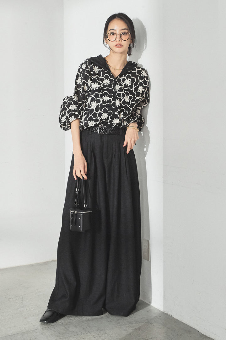 [SET]シアーフラワーフードブルゾン+編みベルト付きウエストタックワイドパンツ(2set)