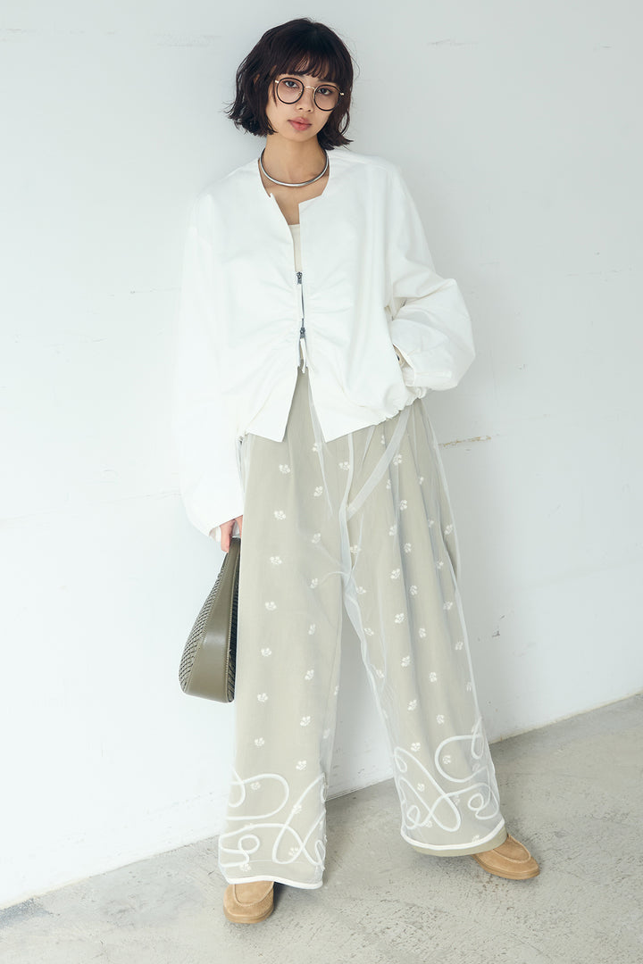 [SET]ニュアンスウェーブ刺繍シアーチュールパンツ+花柄刺繍ツイルタックパンツ(2set)