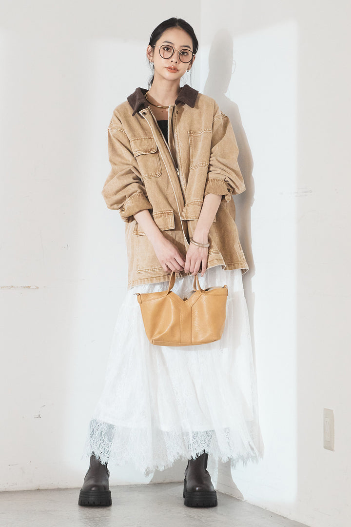 [SET]襟コーデュロイジップデニム調カバーオール+ひげレース切替ロング丈スカート(2set)