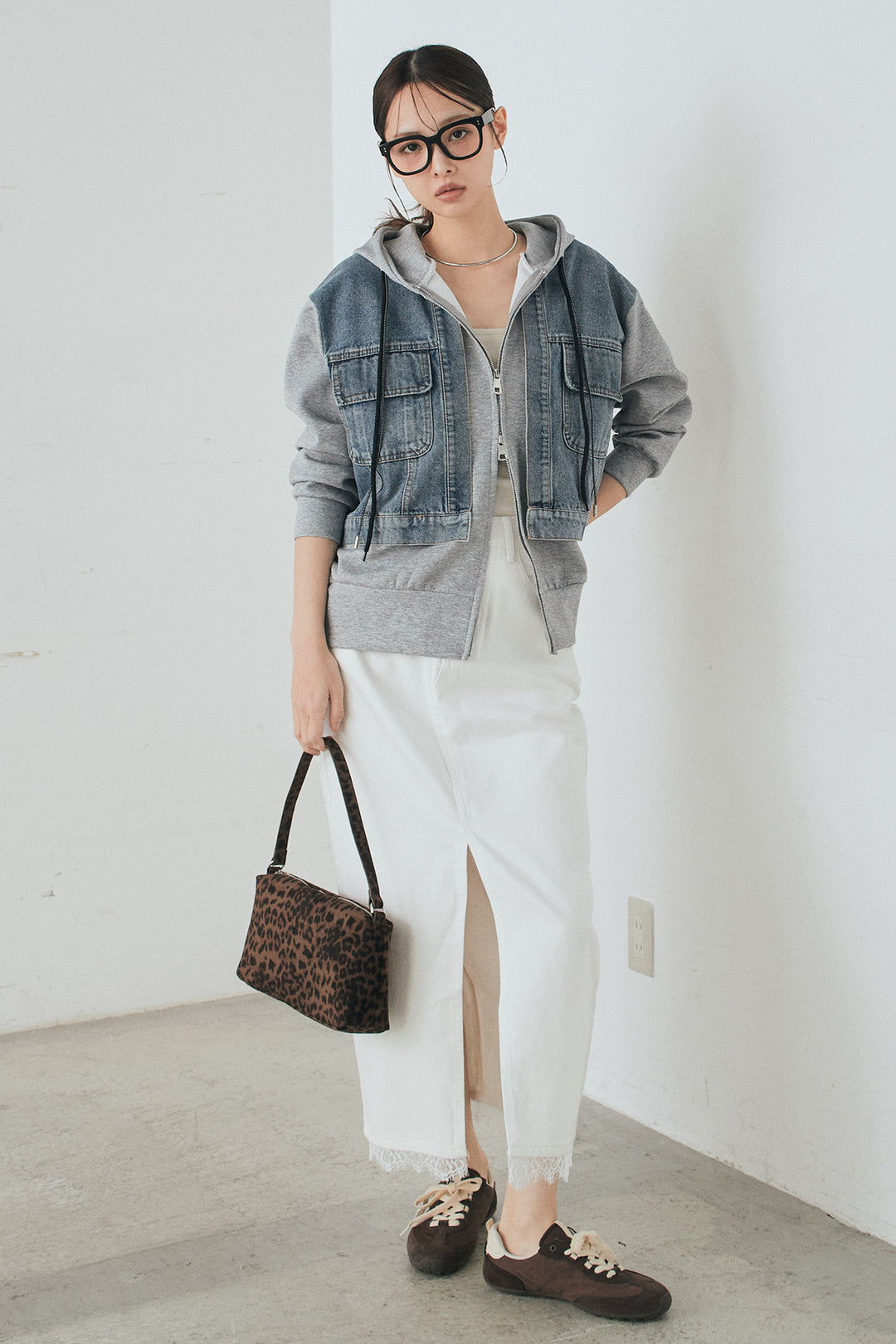 [SET]デニム切替ポンチダブルジップパーカー+裾レースデザインデニムスカート(2set)