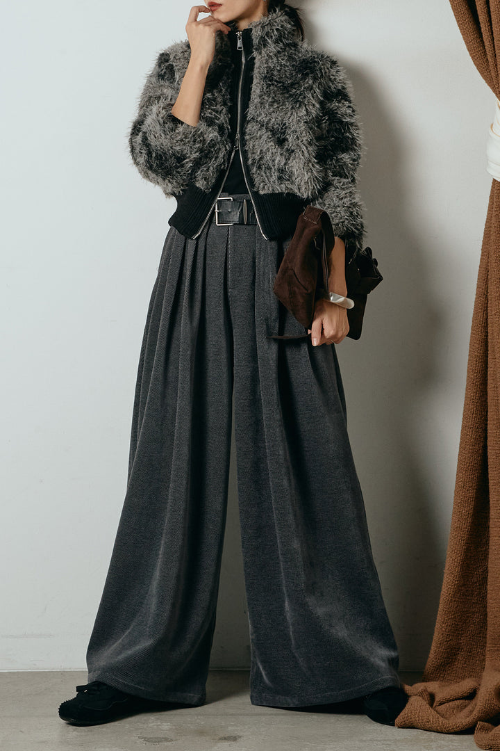 [SET]エコファースタンドカラーニュアンス柄ブルゾン+ベルトループコーデュロイワイドパンツ(2set)