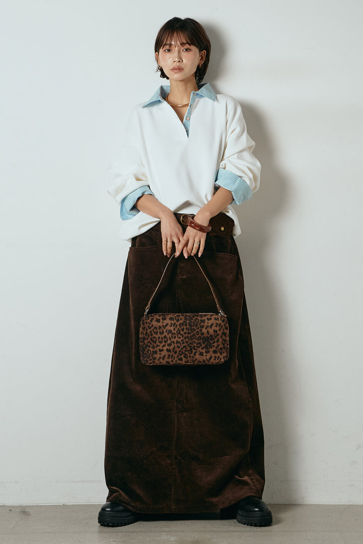 [SET]ストライプシャツドッキングポロトップス+ポーチベルト付きコーデュロイワイドスカート(2set)