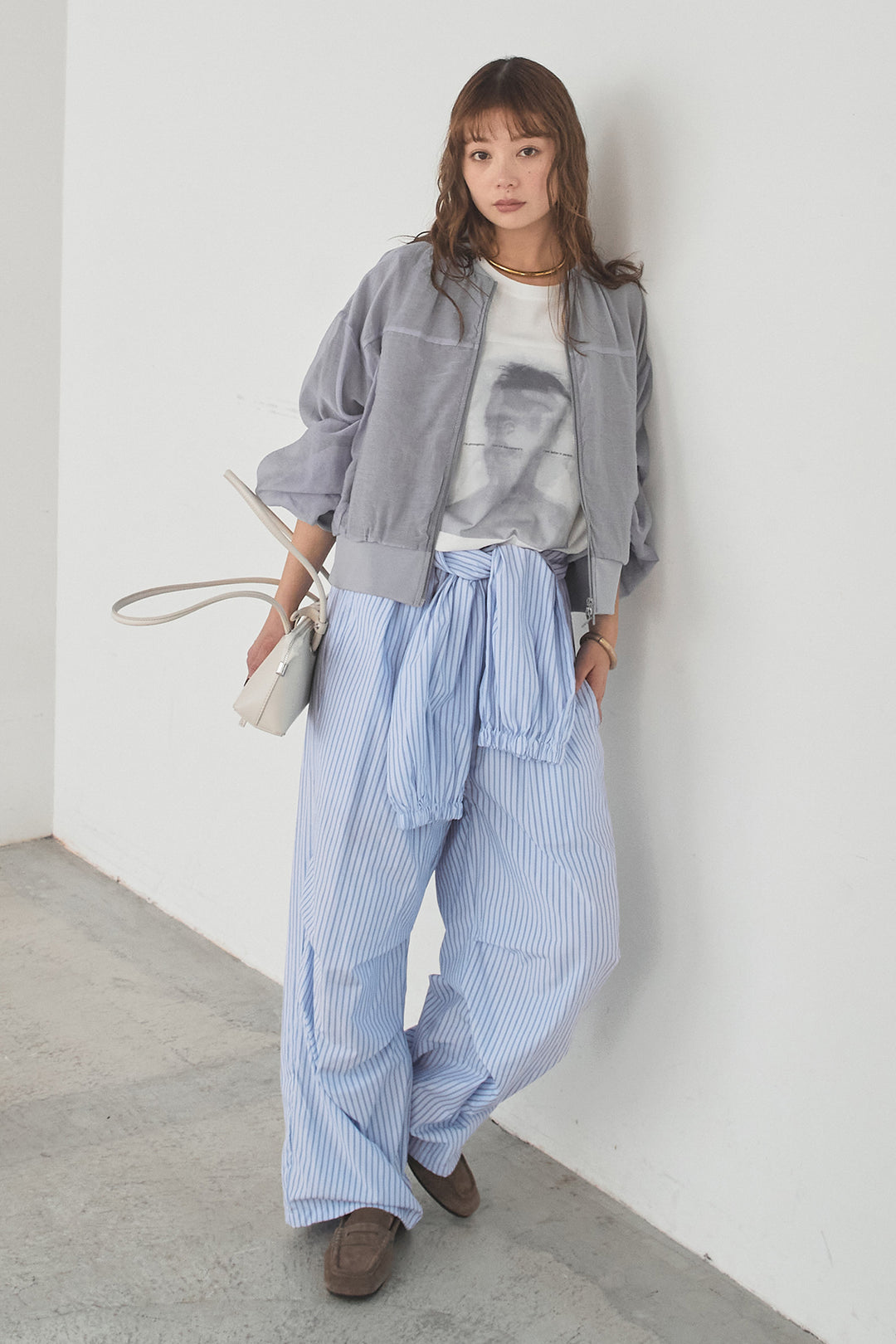 [SET]シアー×ポンチブルゾン+ストライプウエスト巻きジョガーパンツ(2set)