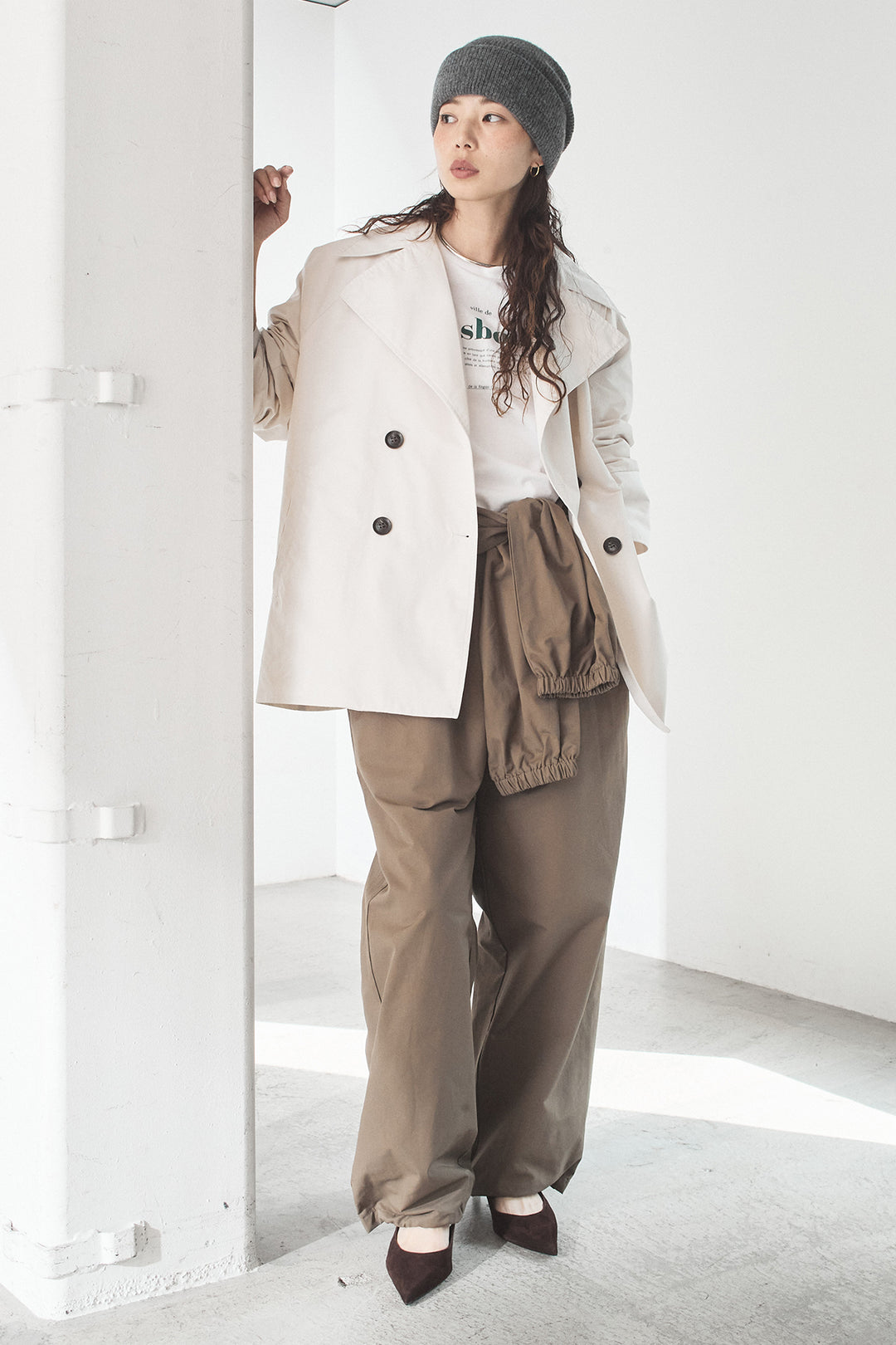 [SET]ナイロントレンチコート+合繊ツイルスタンドウエスト巻きジョガーパンツ(2set)