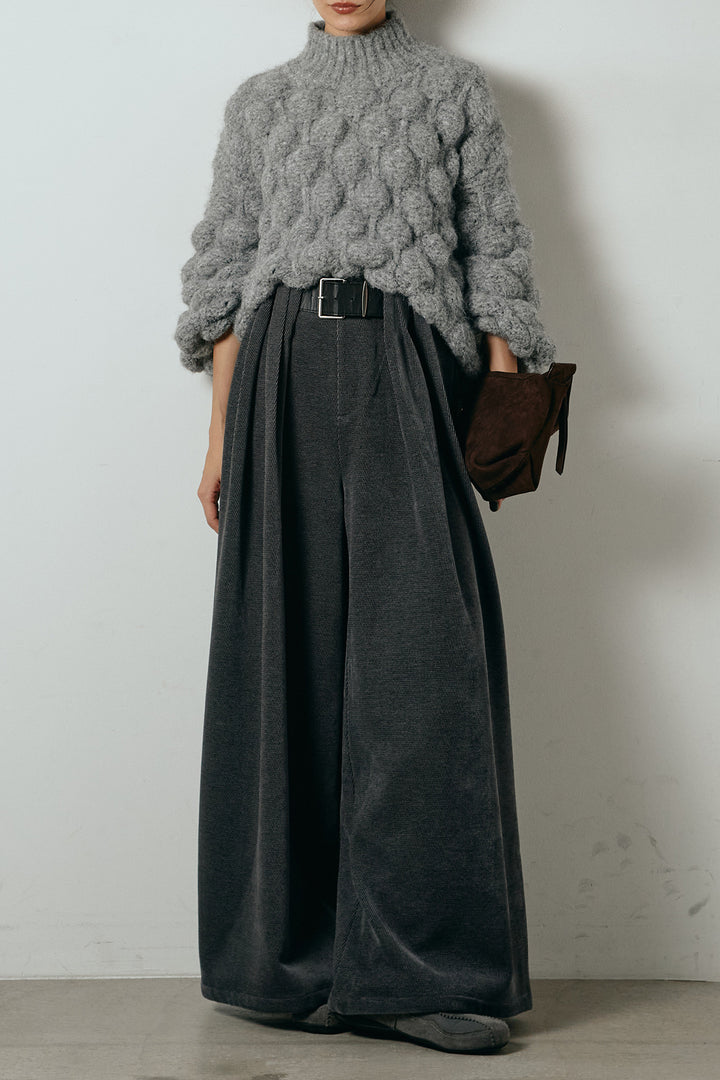 [SET]ボリュームポップコーンニットトップス+ベルトループコーデュロイワイドパンツ(2set)