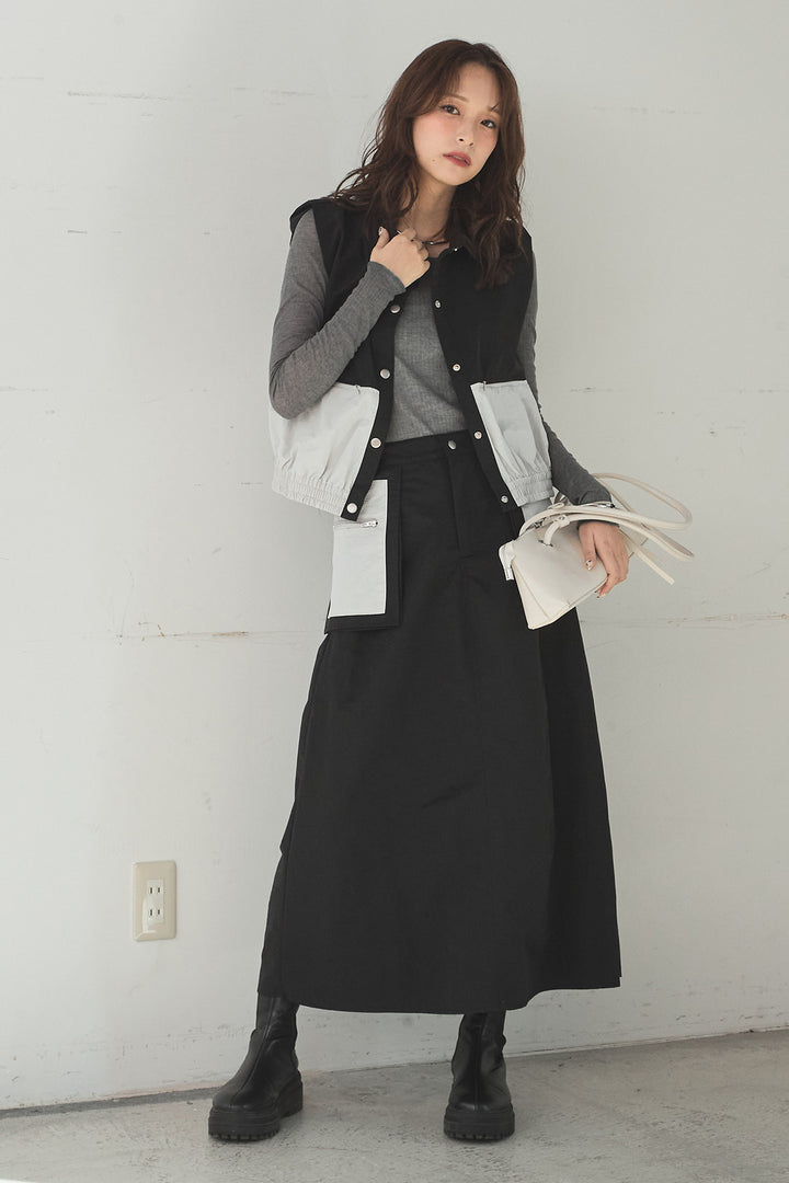 [SET]襟付きナイロンベスト+サイドデザインナイロンスカート+リブシアークルーネック長袖トップス(3set)