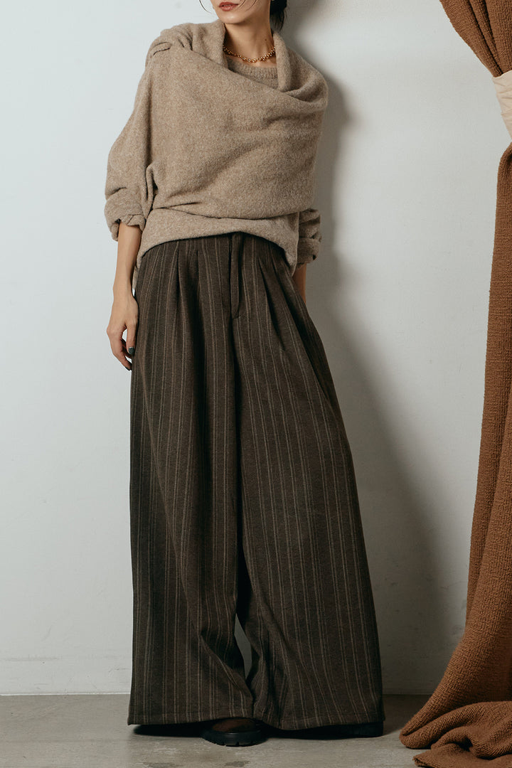 [SET]ネック巻きデザインニットトップス+タック入りマルチストライプ柄ワイドパンツ(2set)