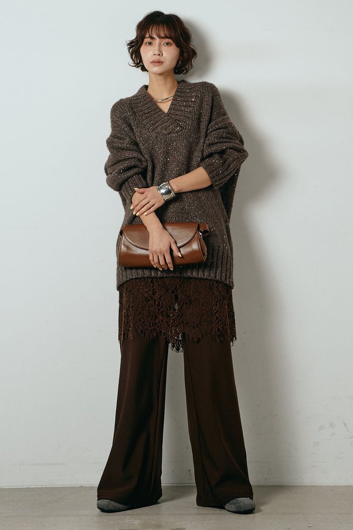 [SET]Vネックラメニットトップス+レース刺繍レイヤードフレアパンツ(2set)