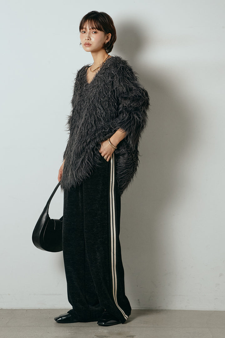 [SET]深Vネックシャギーニットトップス+リラックスサイドラインベロアワイドパンツ(2set)