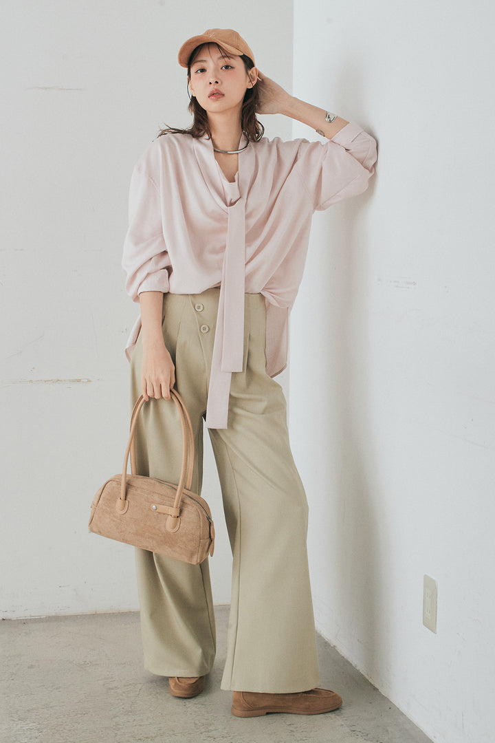 [SET]ニュアンスボータイブラウス+斜めボタンタック入りスラックス(2set)