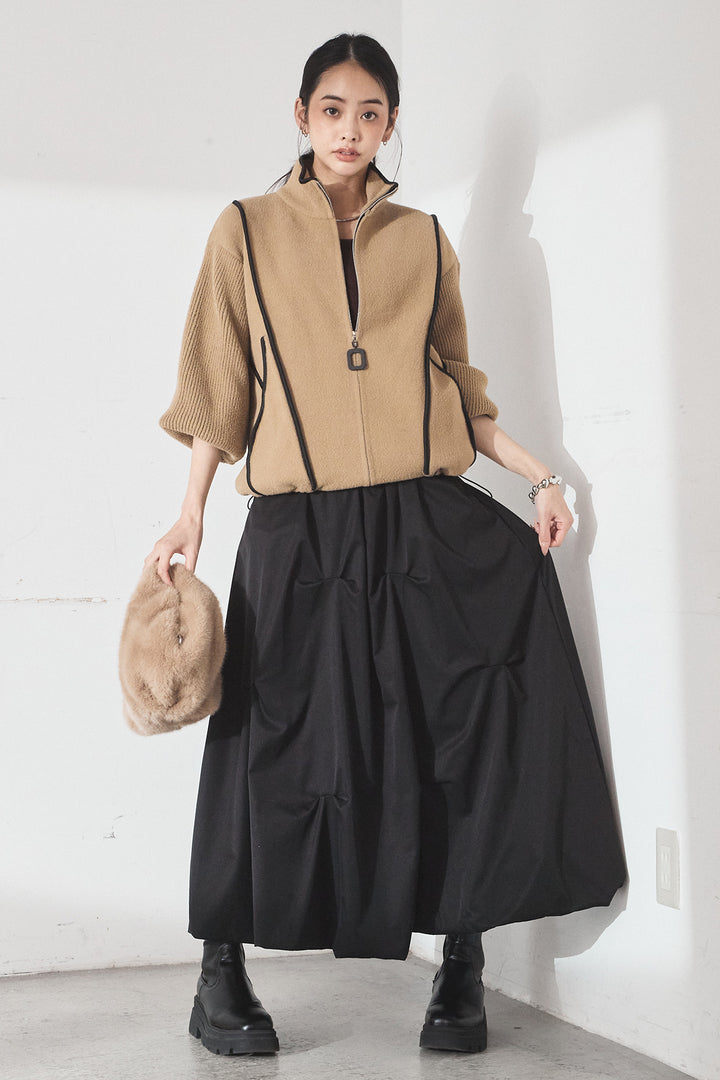 [SET]ハイネックパイピングデザインブルゾン+ランダムタックバルーンスカート(2set)