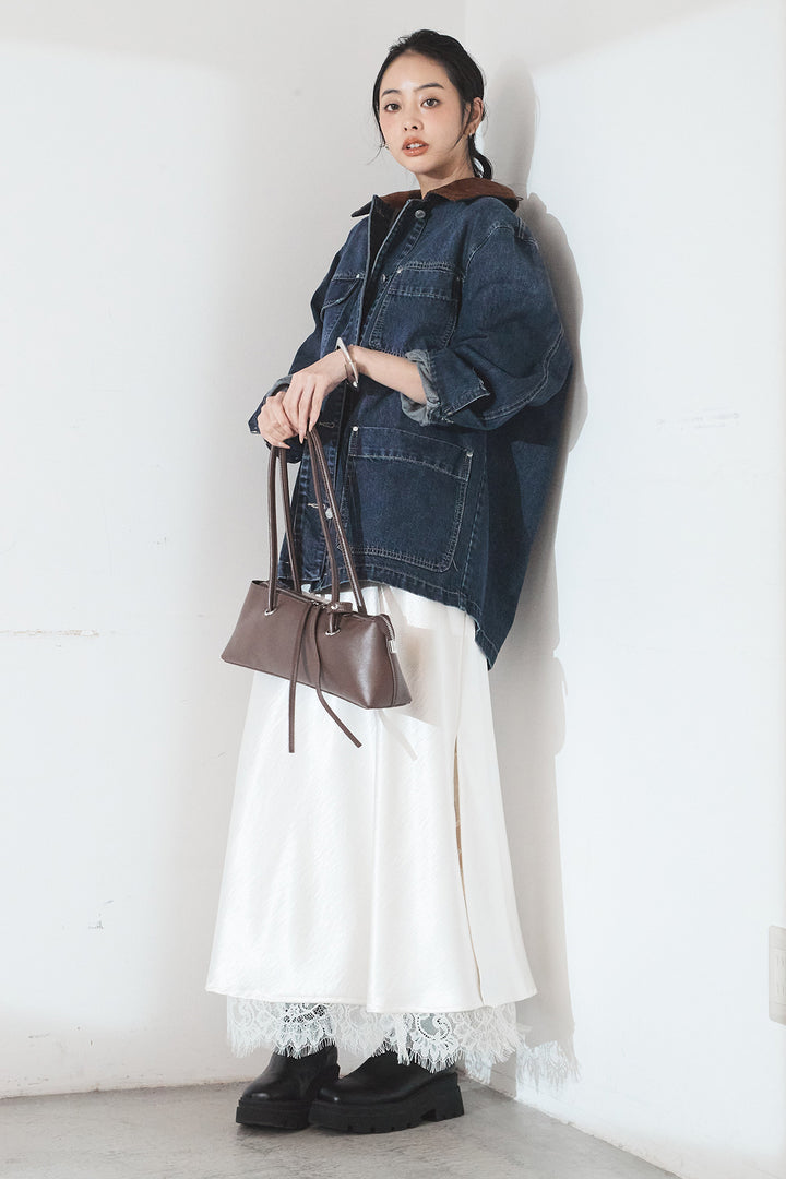 [SET]襟コーデュロイデニムカバーオール+裾レースデザインサテンスカート(2set)