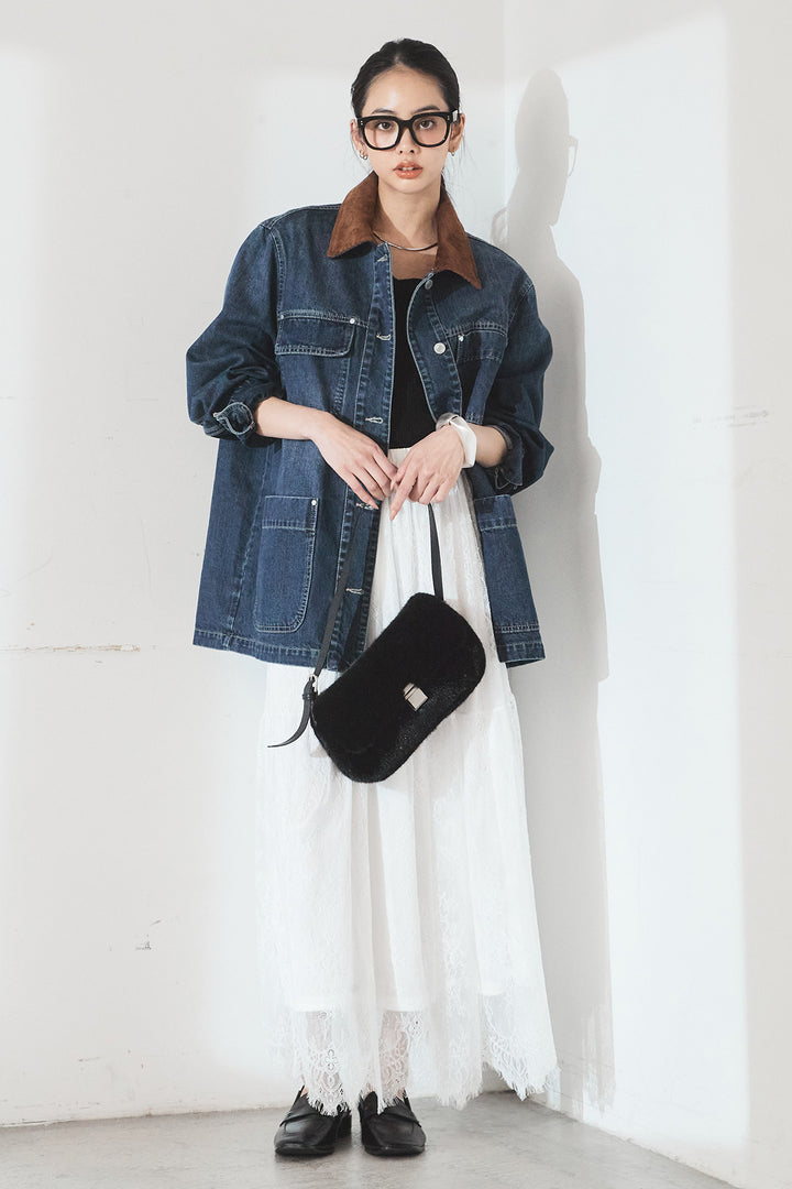 [SET]襟コーデュロイデニムカバーオール+ひげレース切替ロング丈スカート(2set)