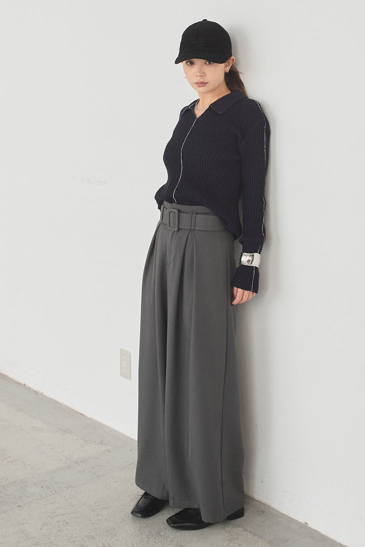 [SET]衿付きニットプルオーバー+ベルト付きツータックワイドパンツ(2set)