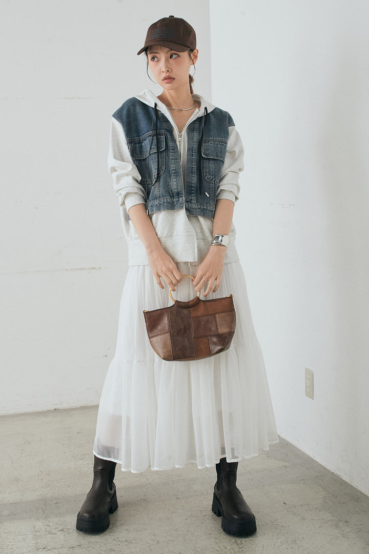 [SET]デニム切替ポンチダブルジップパーカー+ボリュームシルエットチュールスカート(2set)