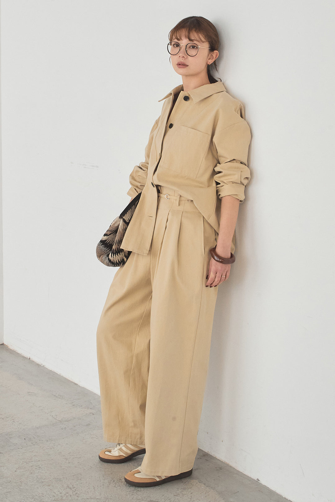 [SET]ツイルシャツジャケット+ツイルハイウエストタックパンツ(2set)