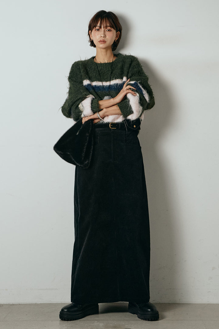 [SET]起毛配色マルチボーダーニットトップス+ポーチベルト付きコーデュロイワイドスカート(2set)