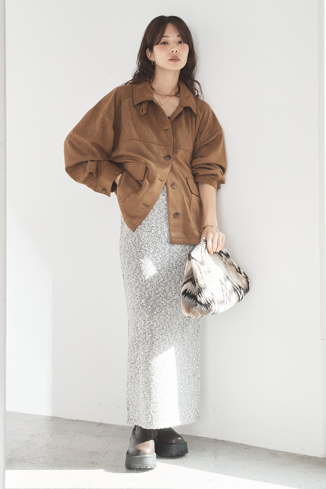 [SET]デカポケスエポンジャケット+ツイード風MIXスラブスカート(2set)