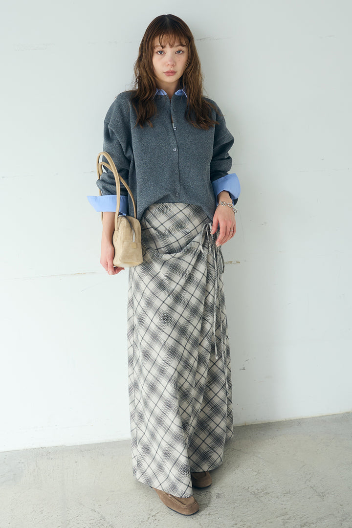 [SET]シャツレイヤード風カーディガン+タータンチェック柄フロントデザインスカート(2set)