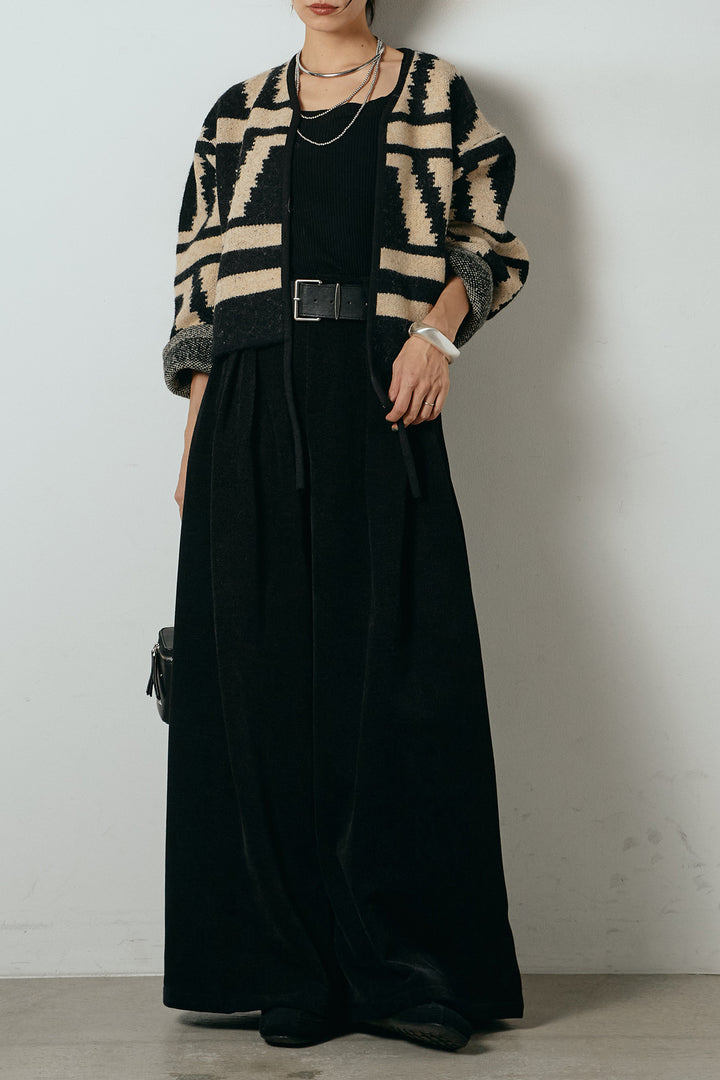 [SET]ノーカラー幾何学模様アウター+ベルトループコーデュロイワイドパンツ(2set)