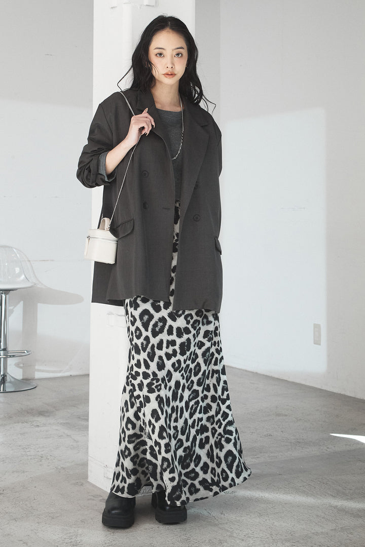 [SET]ルーズシルエットダブルテーラードジャケット+ストレッチロングTシャツ+レオパードサテンナロースカート(3set)