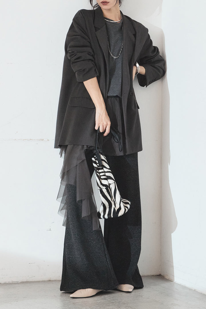 [SET]ルーズシルエットダブルテーラードジャケット+ストレッチロングTシャツ+チュールレイヤードニットパンツ(3set)