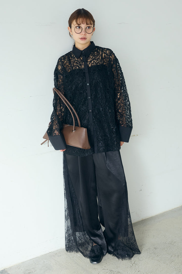[SET]刺繍レースオーバーサイズシャツ+サテンレース切り替えタックパンツ(2set)