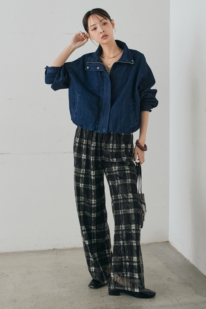 [SET]スタンドカラーデニムブルゾンジャケット+レースチェックワイドイージーパンツ(2set)