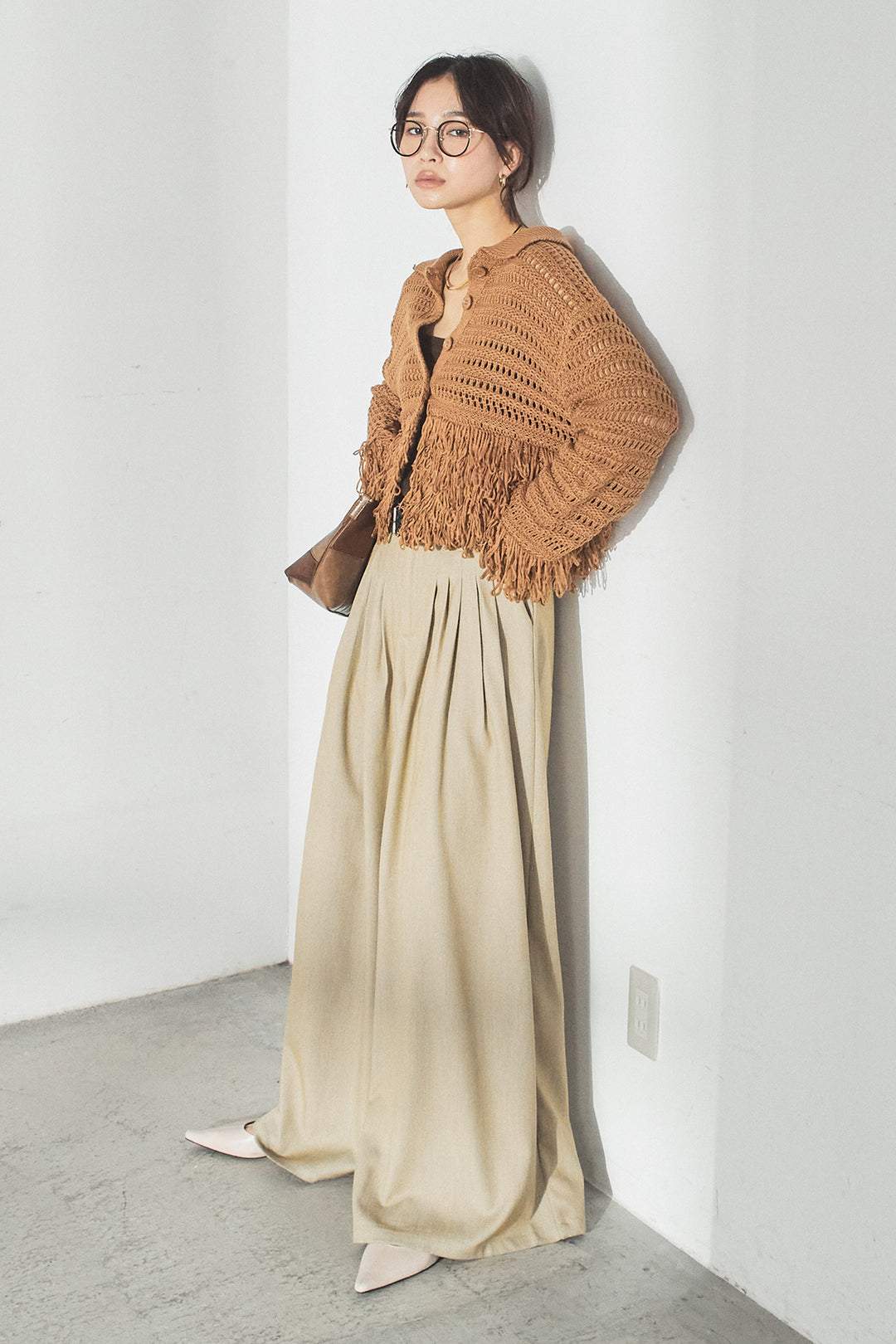 [SET]メッシュフリンジカーディガン+編みベルト付きウエストタックワイドパンツ(2set)