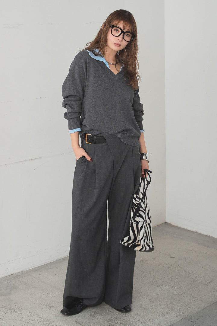 [SET]バイカラーニットレイヤード風プルオーバー+サイドベルトタック入りスラックス(2set)