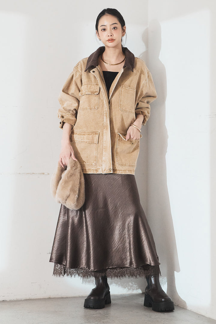 [SET]襟コーデュロイジップデニム調カバーオール+裾レースデザインサテンスカート(2set)