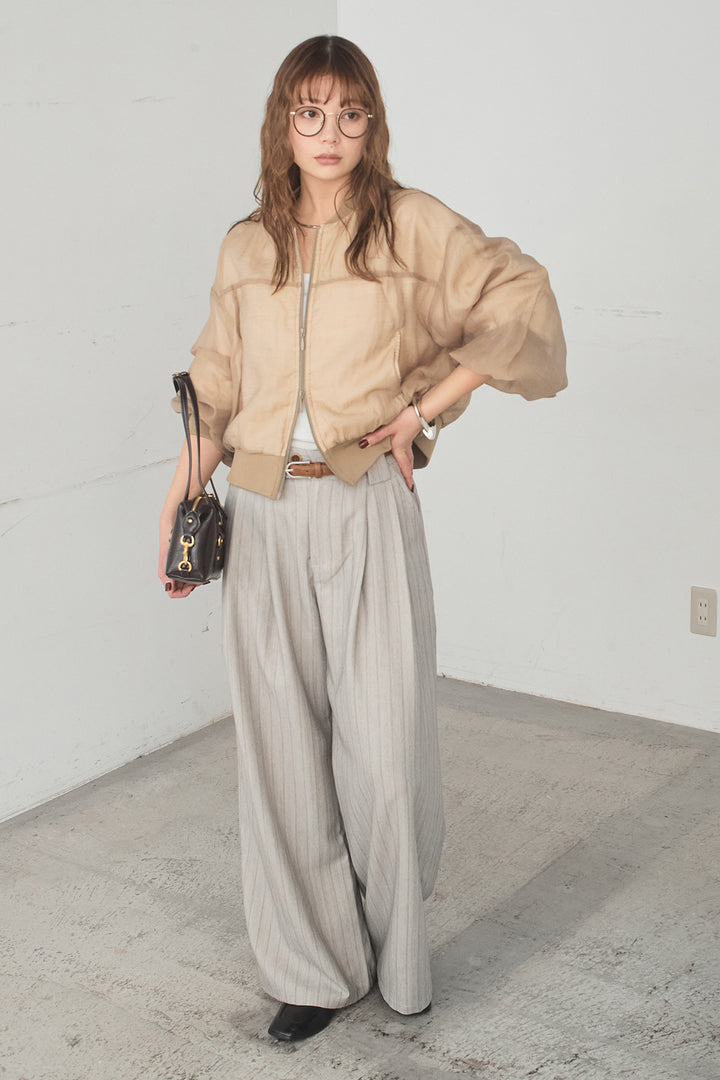 [SET]シアー×ポンチブルゾン+細ベルト付きピンストライプワイドパンツ(2set)