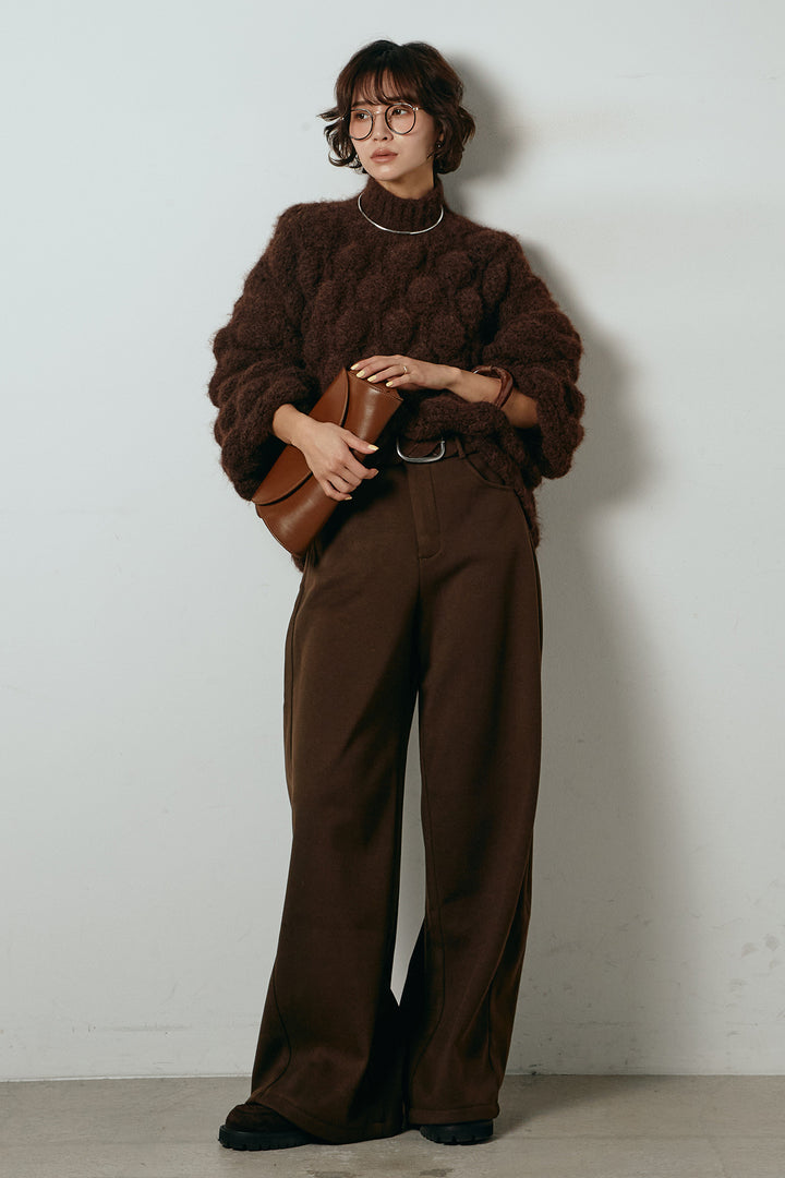 [SET]ボリュームポップコーンニットトップス+編みベルト付きワイドパンツ(2set)