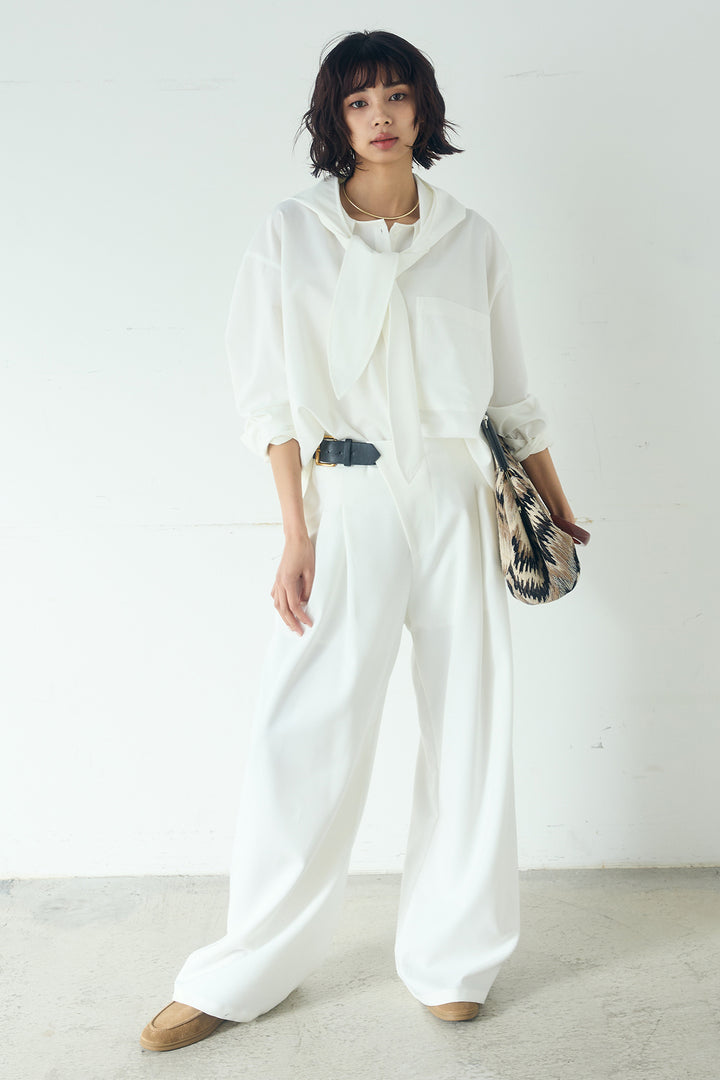 [SET]無地タイ付フーディーBIGシャツ+サイドベルトタック入りスラックス(2set)