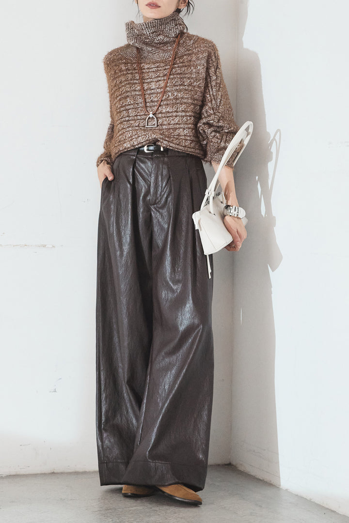 [SET]ミックス編みドルマンニットトップス+ベルト付きレザーライクタックパンツ(2set)