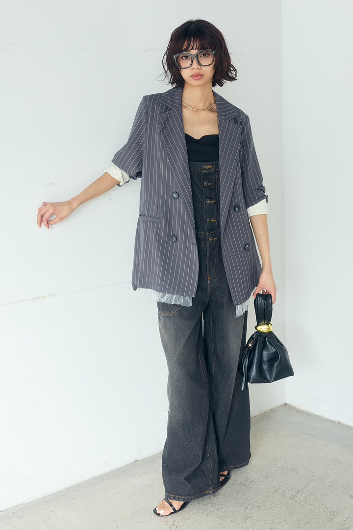 [SET]裾フリルダブルジャケット+デニムサロペットワイドパンツ(2set)