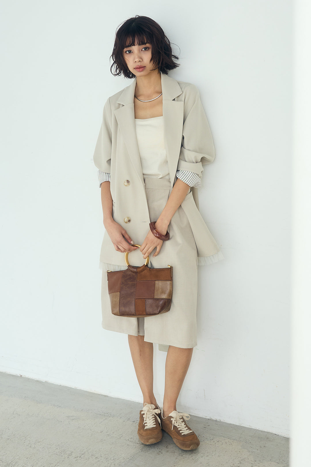 [SET]裾フリルダブルジャケット+ツイルタックハーフパンツ(2set)