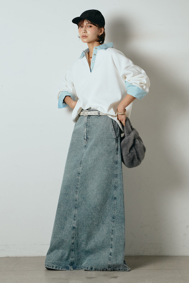 [SET]ストライプシャツドッキングポロトップス+デニムロングフレアスカート(2set)