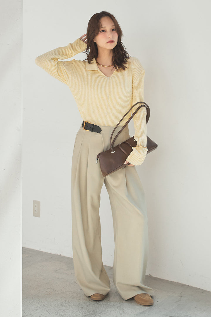 [SET]衿付きニットプルオーバー+サイドベルトタック入りスラックス(2set)
