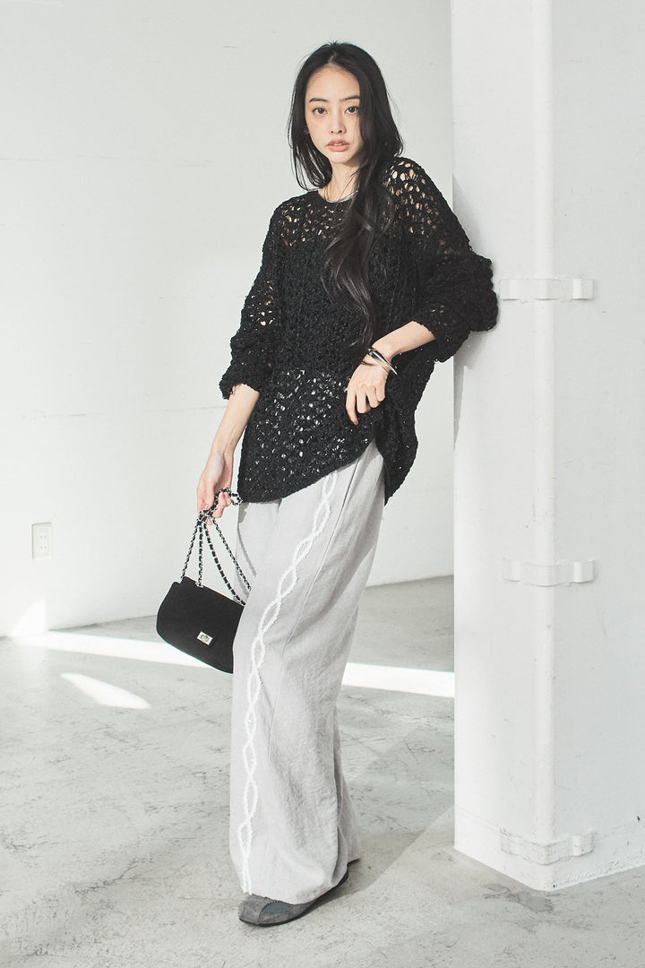 [SET]リラックスメッシュニットトップス+刺繡テープラインパンツ(2set)