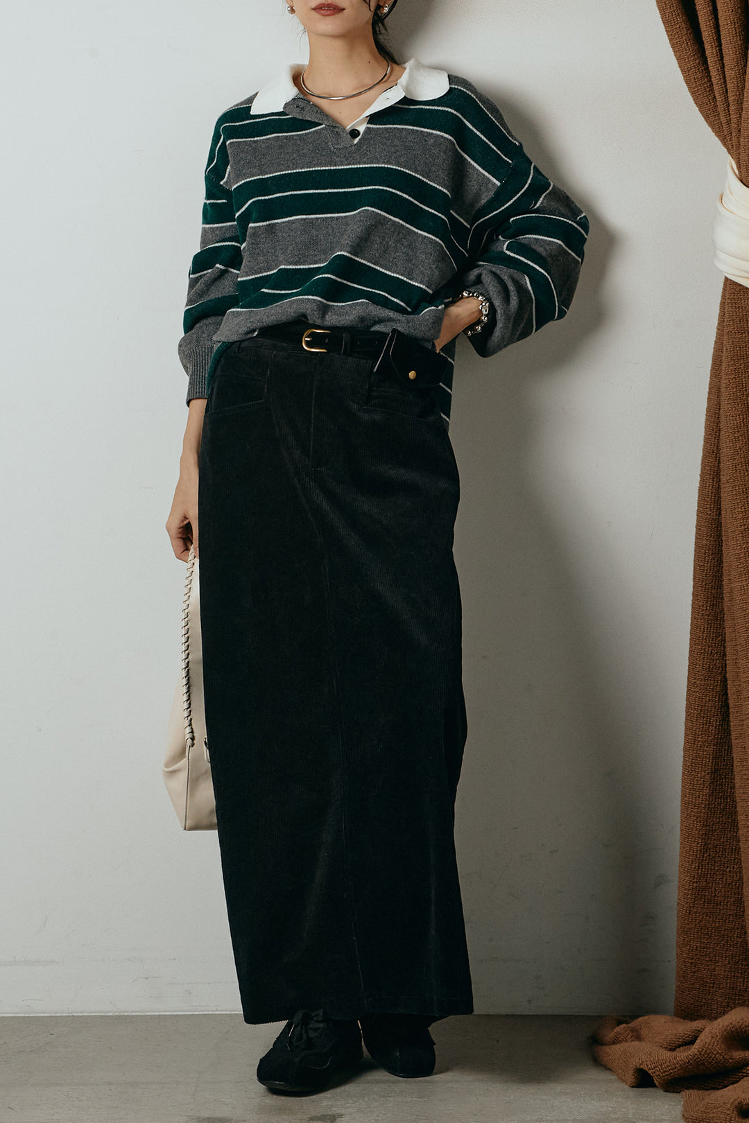 [SET]ラガーニットボーダーポロプルオーバー+ポーチベルト付きコーデュロイワイドスカート(2set)