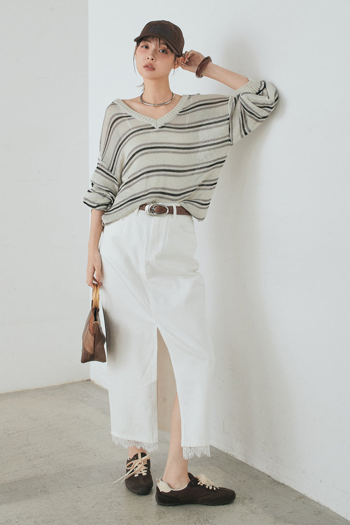 [SET]綿タッチVネックボーダートップス+裾レースデザインデニムスカート(2set)