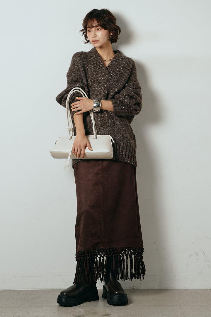 [SET]Vネックラメニットトップス+スウェードライク裾フリンジスカート(2set)